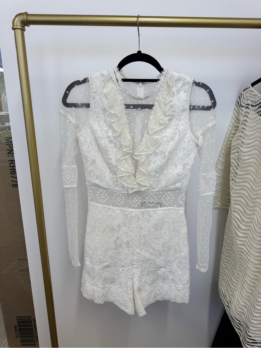 White Lace Bridal Ruffle V-Neck Long Sleeve Romper